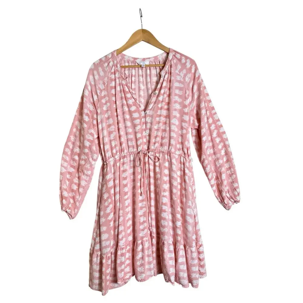 Time & Tru Women’s Boho Peasant Brushstroke Print Tie-Waist Dress in Pink Sz XL - Picture 2 of 9